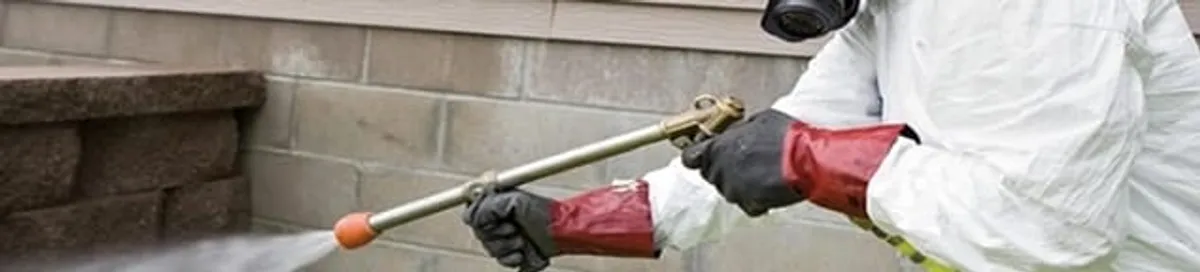 Pest control technician applying exterior insect treatment along a home foundation in Norfolk, VA