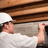 Termite inspection technician checking a basement wall and framing for termite activity in Norfolk, VA